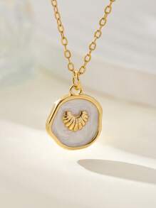 1pc Aço Inoxidável Golfinho & Branco Disco de Concha Pingente Colar, Adequado Para Uso Diário Feminino E Férias - Ouro amarelo - Ver 2