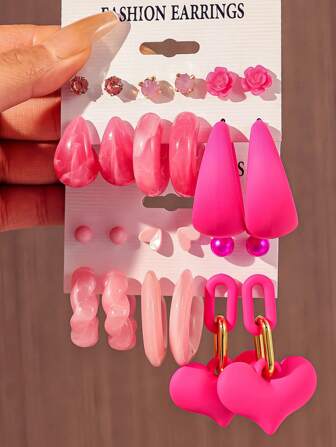 6-12 Pairs Acrylic Resin Pink Teardrop Rhinestone C-Shaped Huggie Earrings Mini Stud Earrings Set