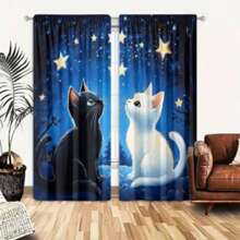 2pcs Set, Dreamy Navy Blue, Cute Black & White Cat Pattern With Star Accents, 3D Digital Printing, Suitable For Living Room, Bedroom, Balcony, Study And Other Home Insulation Curtains