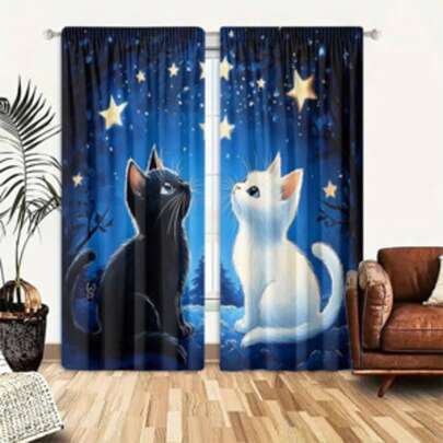 2pcs Set, Dreamy Navy Blue, Cute Black & White Cat Pattern With Star Accents, 3D Digital Printing, Suitable For Living Room, Bedroom, Balcony, Study And Other Home Insulation Curtains