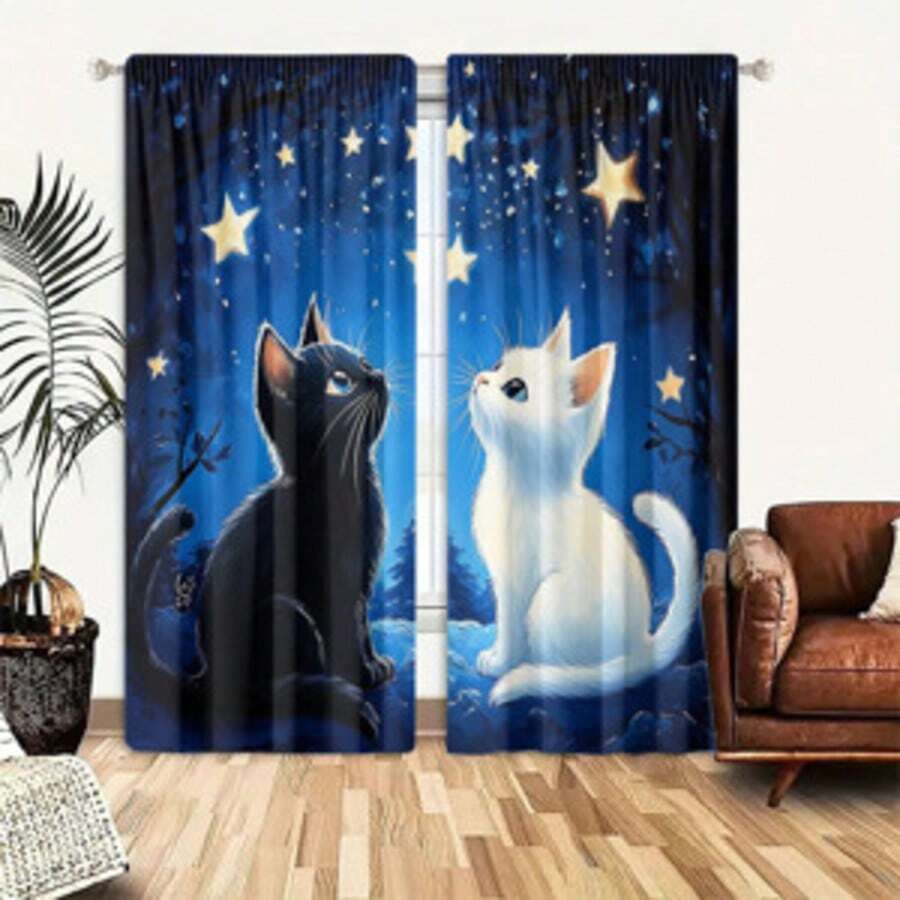 2pcs Set, Dreamy Navy Blue, Cute Black & White Cat Pattern With Star Accents, 3D Digital Printing, Suitable For Living Room, Bedroom, Balcony, Study And Other Home Insulation Curtains