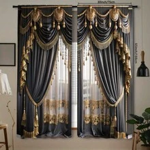 2 件黑色和金色仿窗帘，口袋杆安装，数码印刷，涤纶材料，适用于客厅、厨房、卧室、办公室、酒店、餐厅、家居装饰 - 黑 - 查看 3