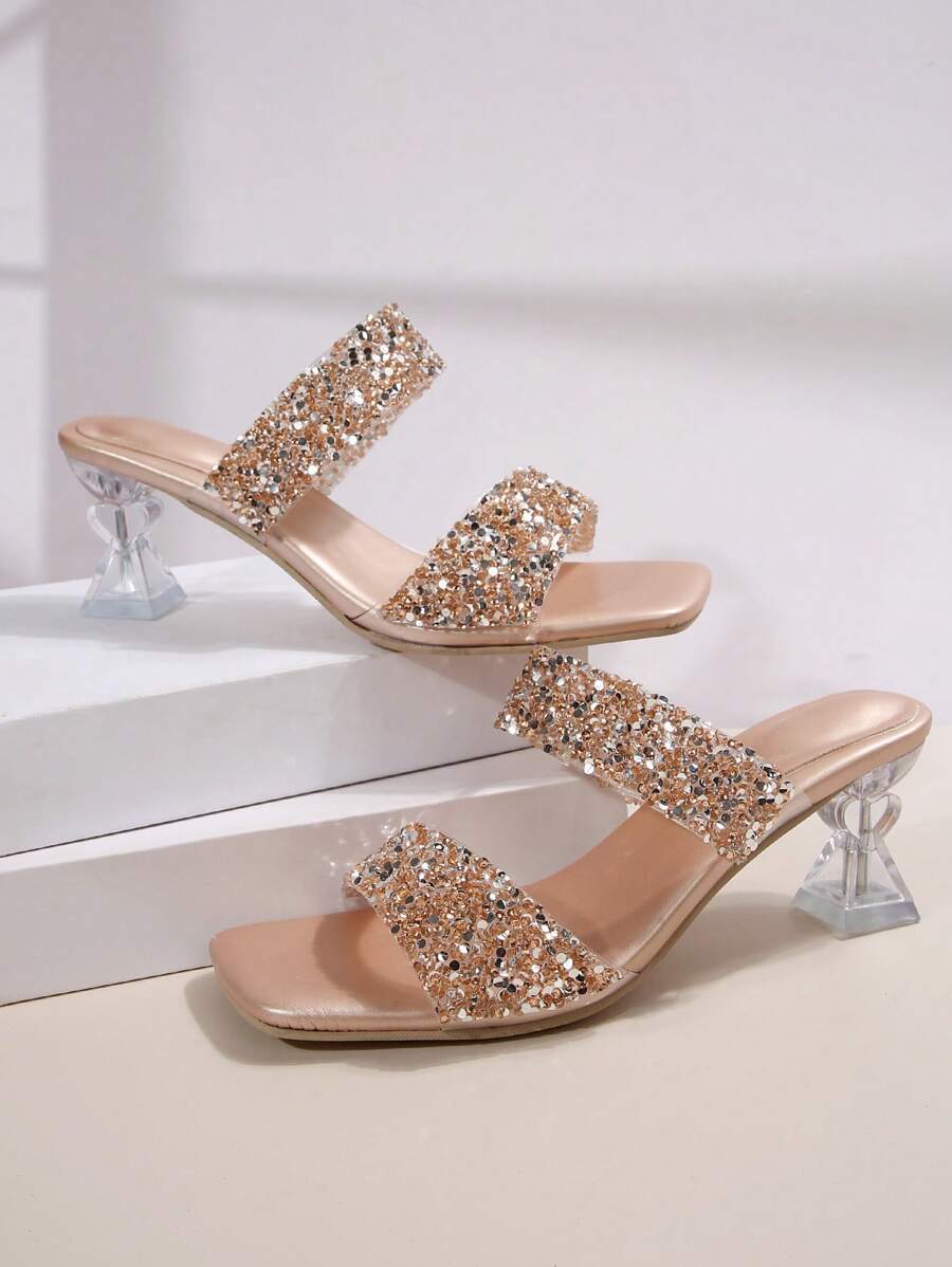 女士高跟凉鞋，法式方头香槟色亮片透明带心形水晶高跟鞋，适合礼服、正式活动、性感派对、生日、情人节礼物