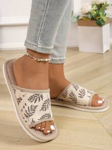 女士室内拖鞋，夏季亚麻家居拖鞋，防滑厚底亚麻软底女士拖鞋 - 米色 - 查看 3