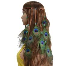 1pc Handmade Boho Retro Style Peacock Feather Design Hair Band, Headpiece For Beach/Travel - Green - View 3