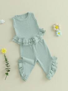 Toddler Girl Summer Outfits Solid Waffle Round Neck Ruffled Tank Tops With Long Pants 2 Pcs Set - Green - View 6