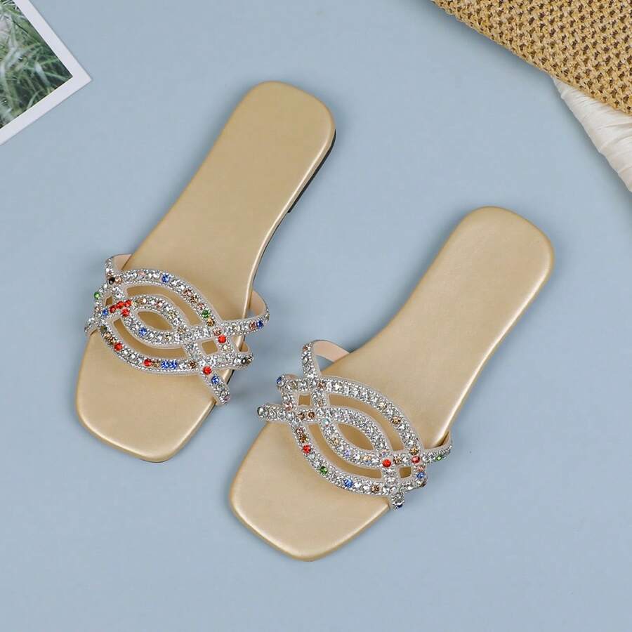 1 Pair Teens' Gold Color Crystal & Rhinestone Decorated Strap Slides, Soft Non-Slip Sole