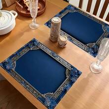 1/4/6 piezas Manteles individuales de lino con diseño floral azul, de 12x18 pulgadas con diseño de borde geométrico - Perfectos para decoración del comedor, cocina, fiestas y celebraciones