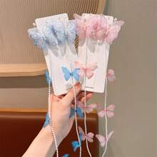 2pcs Vintage Handmade Butterfly Pearl Tassel Hair Clips For Girls, Sweet Princess Hair Accessories Pearl Chain Hair Clips - Multicolor - View 7