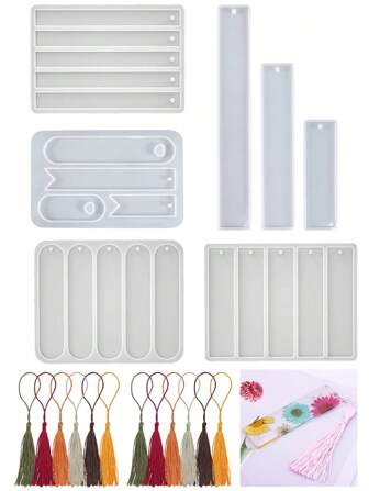 Rectangular Oval Bookmark Pendant Resin Mold & 20pcs Random Tassel Set,Resin Epoxy Resin Mirror Jewelry Pendant Silicone Mold Decoration DIY Jewelry Making Accessories Process