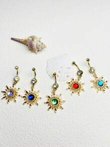 1 Pc Fashionable Rhinestone Sun Style Belly Button Ring For Women, Sexy Beach Holiday Sweet & Cool Navel Piercing Jewelry Stainless Steel Body Piercing Accessories