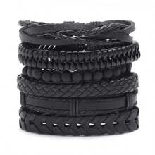 6pcs Vintage Black Woven Leather Bracelet DIY Combination Set For Men