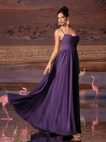 Vestido de noche elegante para mujer de gasa con tirantes finos en color púrpido sólido, adecuado para todas las ocasiones formales, gala, invitado de boda, festival de música, fiesta de vacaciones, baile de graduación, fiesta de cóctel, cita, vacaciones y vestido de dama de honor.