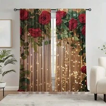 2pcs Glitter Rose Flower Digital Printed Curtain, Polyester Material, Rod Pocket Design, Suitable For Living Room, Kitchen, Bedroom, Study, Bathroom, Hotel, Dining Room, Foyer, Home Decor