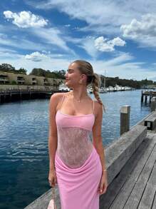 女士蕾丝镶嵌海滩度假婚礼派对性感细肩带连衣裙 - 粉色 - 查看 1