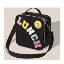 1 件刺绣字母和笑脸户外保温午餐手提袋，便携式食物野餐冷藏袋