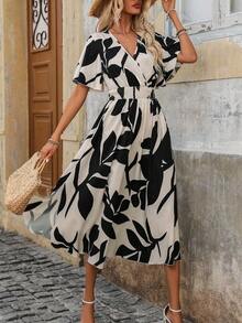 女士休闲 V 领短袖迷你连衣裙，夏季时尚