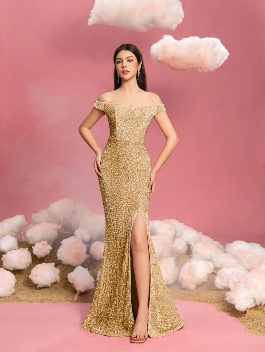 Off-Shoulder Meerjungfrauenkleid für Teenager-Mädchen mit hohem Schlitz und bodenlangem Zug - Elegantes Abendkleid für Teenager-Mädchen für Galas, Abschlussbälle, Hochzeitsempfänge, rote Teppich-Veranstaltungen und Dinners im schwarzen Anzug