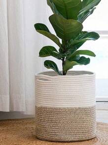 1 pieza Macetero de dos tonos hecho a mano, cesta de almacenamiento decorativa tejida, maceta de flores de jardín de paja, mimbre, ratán o hierba marina