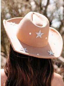 1 件男女通用毡牛仔帽，带有独特的星形镶嵌宝石装饰，波西米亚和朋克风格圆帽，优雅美观，适合主题派对、西方庆典、聚会、角色扮演、毕业典礼、化妆舞会、节日、婚礼、生日、音乐节 - 星星 - 查看 2