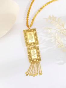 1pc Retro Elegant Double Pendant Heart Tassel Long Necklace For Women, Suitable For Party, Gathering, Gift, Daily Wear - Yellow Gold - View 2