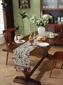 1 件编织提花花卉 + 流苏桌旗，适用于房间/餐桌/家居装饰，适合节日、派对、生日、婚礼和宴会，流苏颜色和数量随机