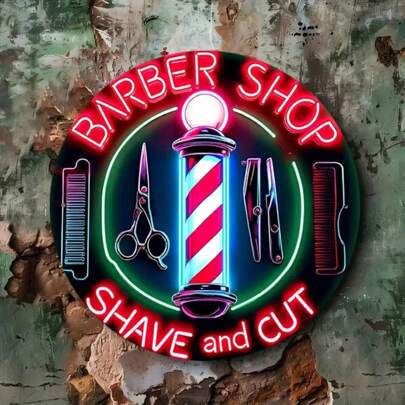 1 pieza Letrero de luz de neón 2D "Barbería" - 20 x 20 cm Arte de pared de hierro, resistente al agua y a la decoloración, decoración de metal rústico con ilustración de tijeras y peine, decoración vintage para exteriores, decoración de pared, decoración de dormitorio, decoración de boda, decoración bohemia para el hogar, adornos de jardín, decoración de sala de estar, decoración de fiesta, posiciones aleatorias de agujeros
