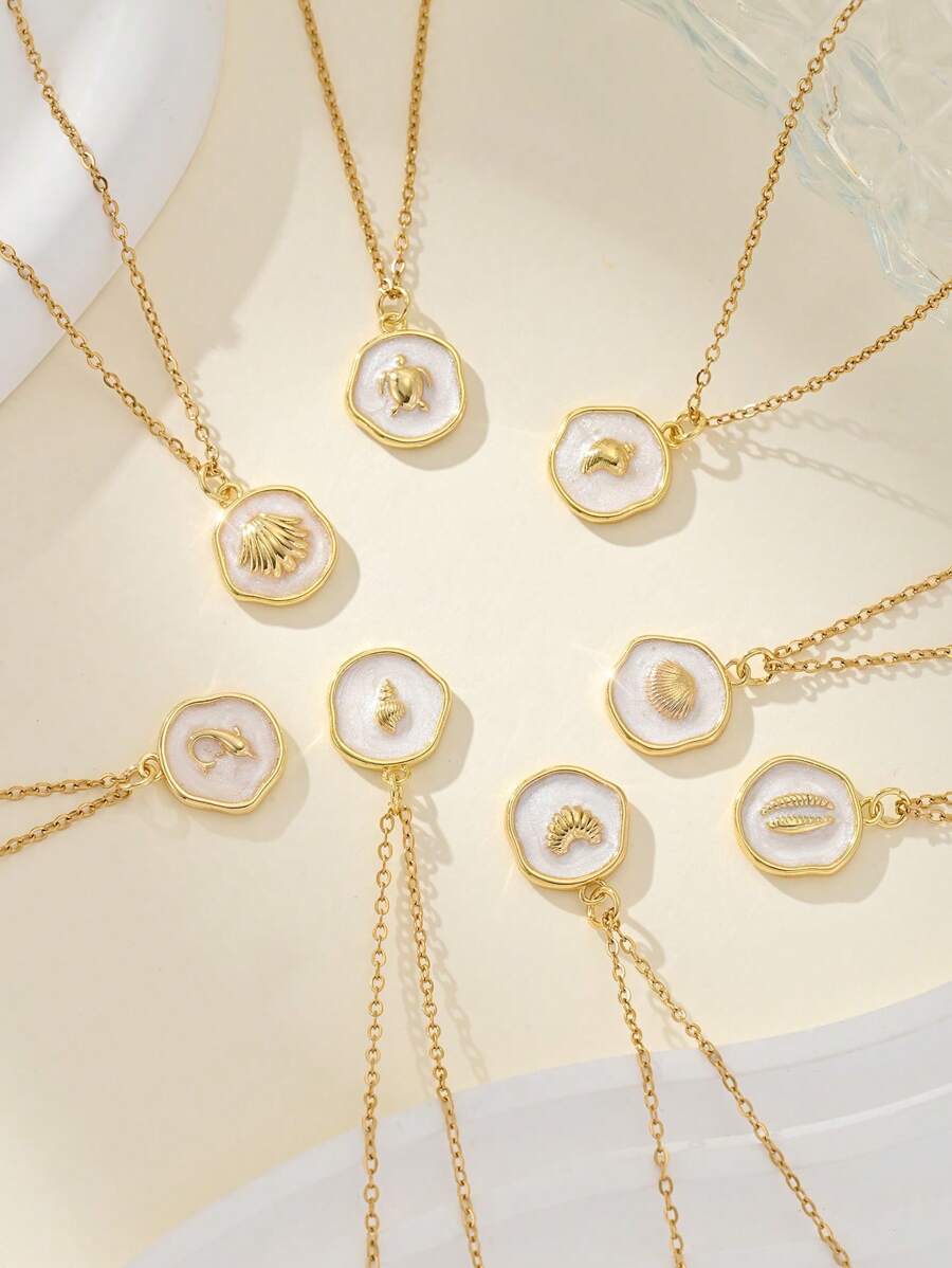 1pc Aço Inoxidável Golfinho & Branco Disco de Concha Pingente Colar, Adequado Para Uso Diário Feminino E Férias - Ouro amarelo - Ver 1