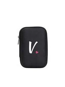 A-Z Letter & Heart Pattern Mini Portable Storage Pouch, Waterproof & Shockproof Digital Organizer Bag, Initial Monogram Phone Charger Cable Holder, Zipper Pouch For Wallet, Data Cable, Electronic Accessories, Suitable For Business, Travel, School, University, Office - Black - View 23