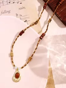 1 件棕色虎眼天然石吊坠项链，复古优雅手工串珠项链，女士秋季珠宝