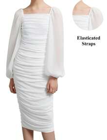 EXARUS Girls Ruched Bodycon Square Neck Dress Teens Chiffon Lantern Sleeve Homecoming Dance Midi Long Dresses - 白色 - 查看 4