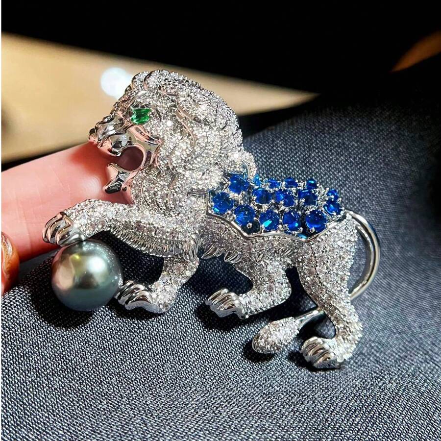 1pc Stylish 3D Lion Animal Designer Creative Unisex Brooch Pin, Fashion Suit Accessory - Blue - View 1