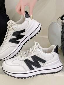 时尚百搭厚底系带休闲皮革运动鞋，轻便运动户外减震女鞋 - 黑色 - 查看 6