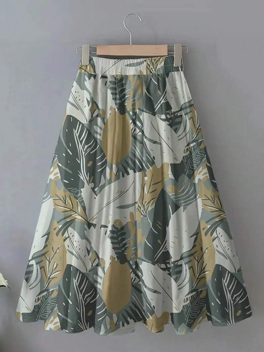 Women's Casual Printed Mid-Length Skirt, Spring/Summer - Olive Green - View 1