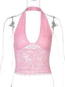 Women Y2k Crop Halter Tank Tops Sexy Deep V-Neck Floral Lace Backless Vest Shirts Hot Girl See Through Going Out Camisole Tops Clubwear Streetwear Summer Aesthetic Grunge Clothes - 粉色 - 查看 6