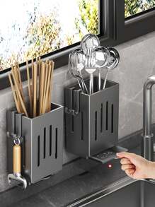 Kitchen Storage Box, Multi-Function Utensil And Chopstick Holder With Hook, Wall-Mounted Or Free-Standing, Plastic, Multi-Compartment Design, Suitable For Tableware And Dining Kitchen, Chopstick Storage Box, Drain Rack, Household Spoon, Chopstick Cage, Chopstick Tube, Kitchen Rack, Kitchen Gadgets.
