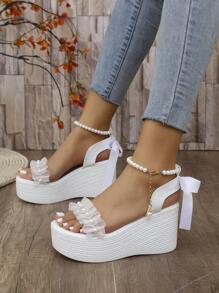 Women's Thick Sole Pearl & Bow Decor Platform Sandals, Waterproof Casual Beach Party Shoes