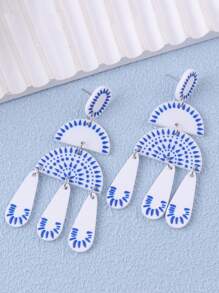 1 对中国风青花瓷流苏几何优雅女士耳环 - 彩色 - 查看 15