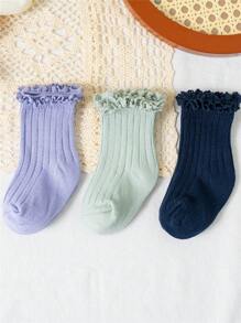 3 pares/lote Calcetines cortos con volantes para bebé, calcetines lindos y suaves para niñas pequeñas y niños, calcetines con encaje y flor para uniforme escolar de niños de 0 a 3 años, en colores morado, azul oscuro y azul agua