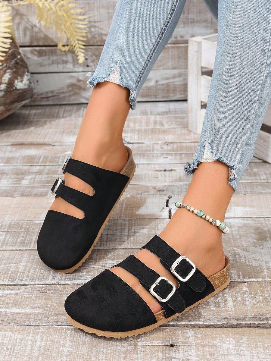 Sapatos femininos sem cadarço pretos com bico fino e decoração de franjas, bico redondo e versátil, outono 2025, mule - Preto - Ver 1