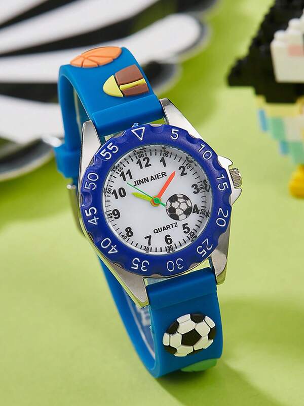 1pc Kids Soccer Boy Pattern Silicone Strap Round Dial Quartz Watch, For Daily Decoration