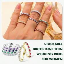 Anillos de piedra natal Banda de eternidad Plata de ley 925/Oro amarillo Gema creada Anillo de boda apilable Banda de media eternidad para mujeres Talla 6 a 10 2025 - 09 de septiembre / zafiro creado - Ver 4