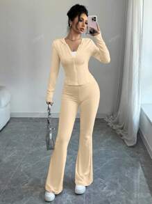 abyoxi Solid Color Hooded Zipper Long Sleeved Sports Style Top And Flared Pants Two Pieces Set, 2 Pieces Set, Fashionable, Simple, Casual, Outdoor, Street, Sports, Daily, Hot Girl, Spring And Summer Women's Young Hot Girl