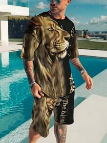 Men's New Fashion Casual Short Sleeve T-Shirt Set, Casual Short Sleeve T-Shirt And Casual Shorts Set, Geometric Print, Leisure Holiday T-Shirt Set