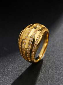 1pc Custom Fashion Cuban Link Ring, 18K Gold Plated CZ Simulated Diamond Punk Ring, Best Gift For Her And Him For Holidays - Multicolor - View 25