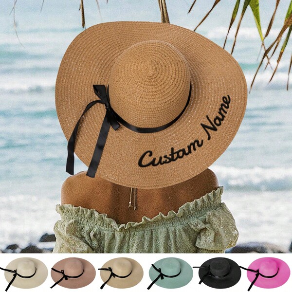 1PC Personalized Women's Beach Hat,Embroidery Straw Hat With Custom Name,Floppy Foldable Summer Outdoor Caps Wide Brim Hats For Travel Vacation Multicolor