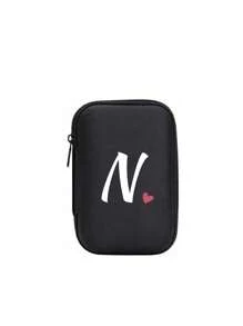 A-Z Letter & Heart Pattern Mini Portable Storage Pouch, Waterproof & Shockproof Digital Organizer Bag, Initial Monogram Phone Charger Cable Holder, Zipper Pouch For Wallet, Data Cable, Electronic Accessories, Suitable For Business, Travel, School, University, Office - Black - View 25
