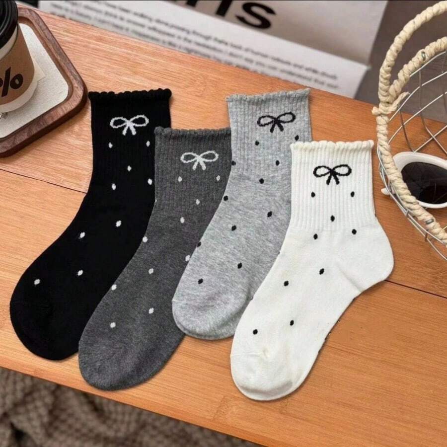 Polka Dot Lace Bow Spring New Japanese Popular Mid-Calf Women's Socks
