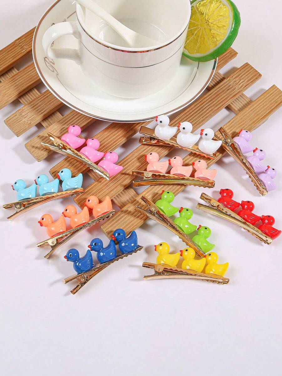 5/10 件彩色迷你鸭子设计发夹，可爱创意甜美个性化发饰，适合女性、生日派对、婚礼、节日 - 彩色 - 查看 1