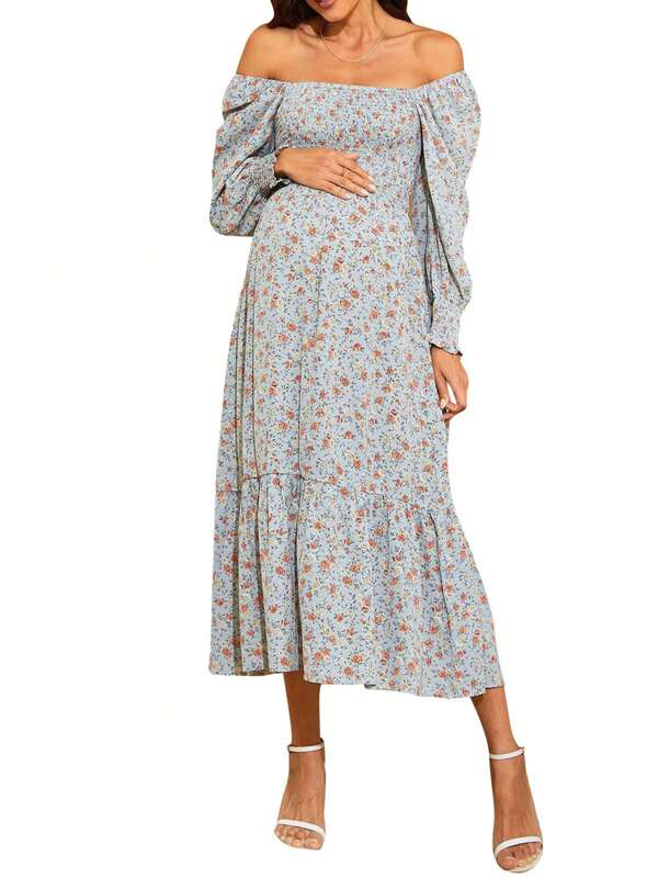 Women Maternity Dress, Long Sleeve Off-Shoulder Dress Floral Loose Pregnancy Dress